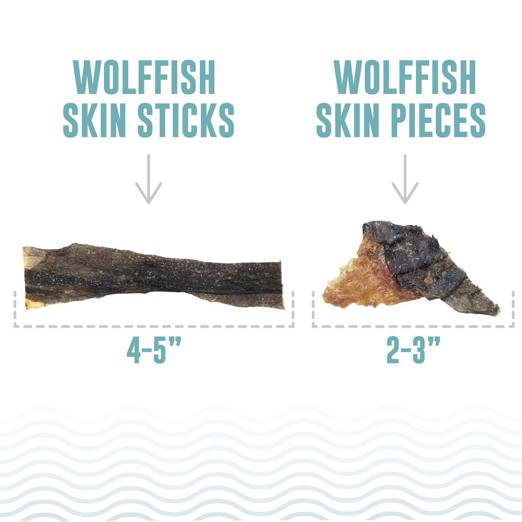 Icelandic+ Wolffish Stick Chew Pieces. 4-5" each $ 2-3 inch. Pure Fish Skin Treats for Dogs. Single Ingredient. Just Fish, Nothing Else. For a Healthy Skin & Coat. Full of Omega-3
