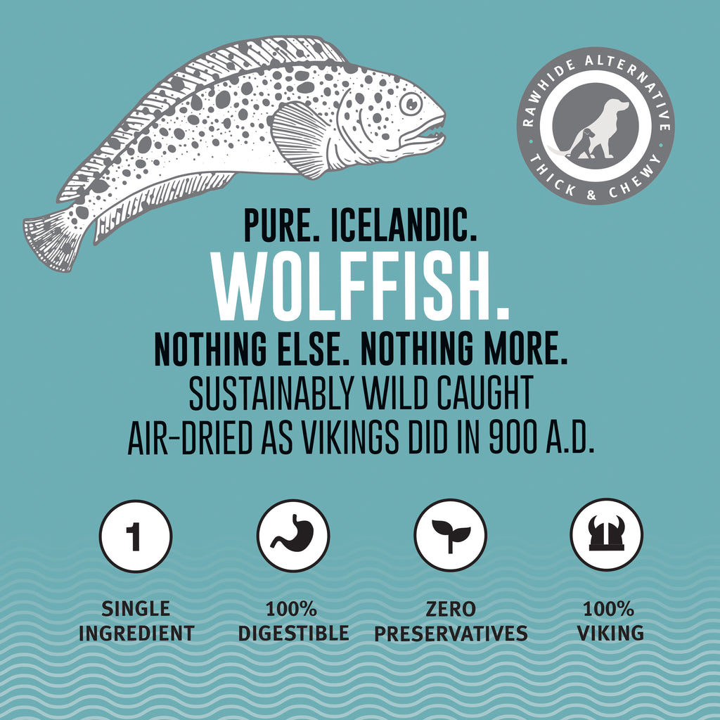Icelandic+ Wolffish Stick Chew Pieces. Pure Fish Skin Treats for Dogs. Single Ingredient. Just Fish, Nothing Else. For a Healthy Skin & Coat. Full of Omega-3