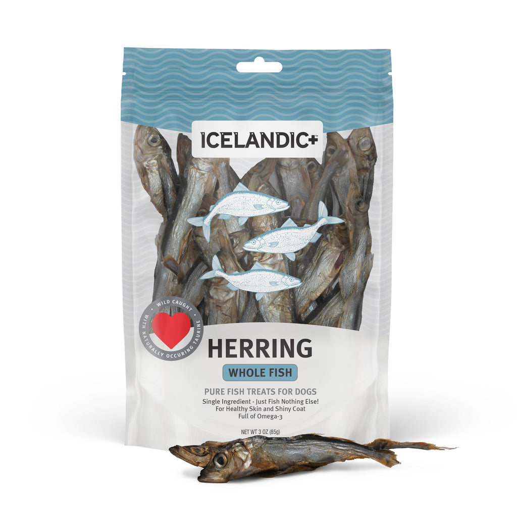 Front of a 3-ounce package containing herring whole fish dog treats 