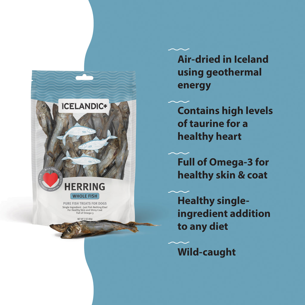 Herring whole fish dog treats are air-dried, high in taurine, full of Omega-3s, single ingredient, and wild-caught.