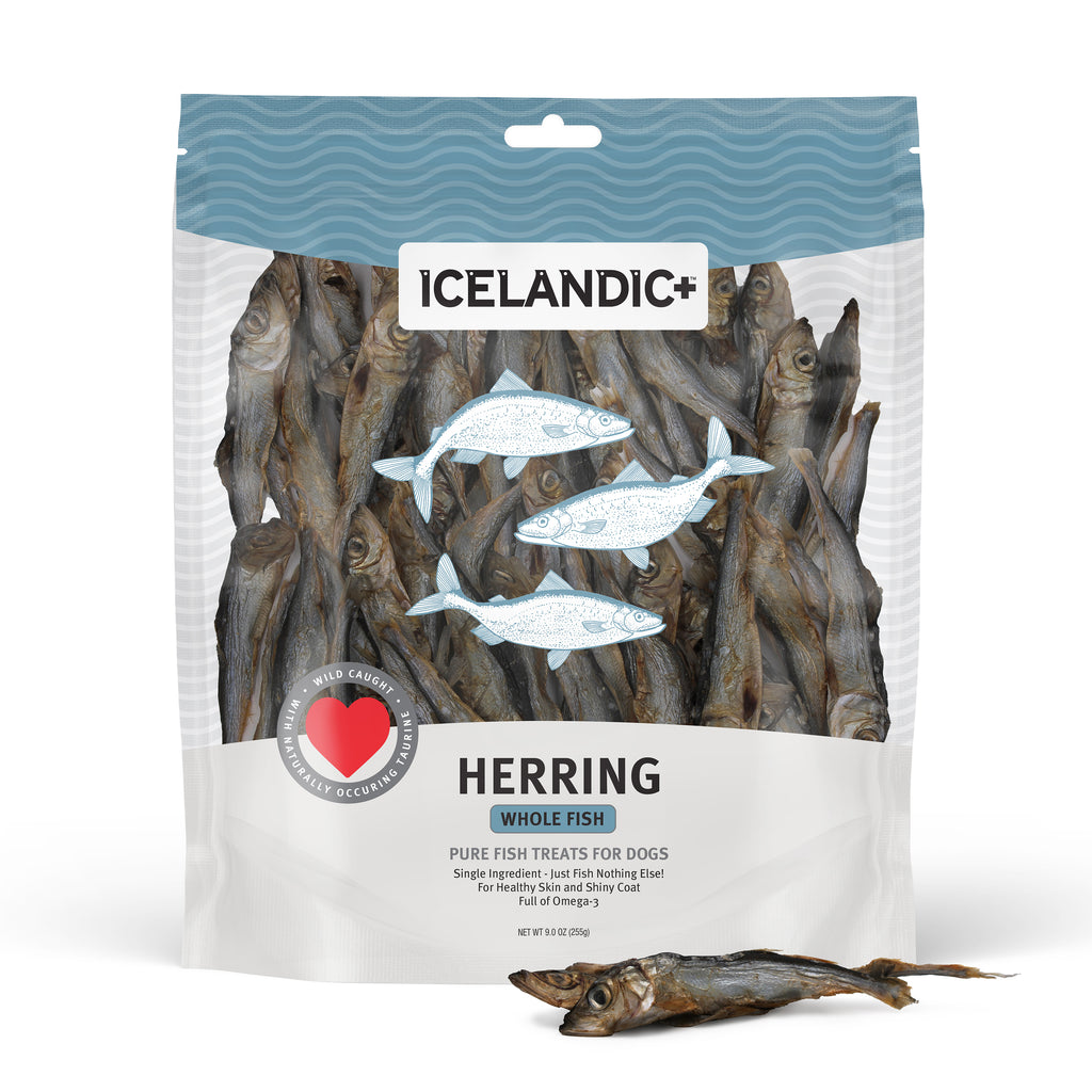 Front of a 9-ounce package containing herring whole fish dog treats 