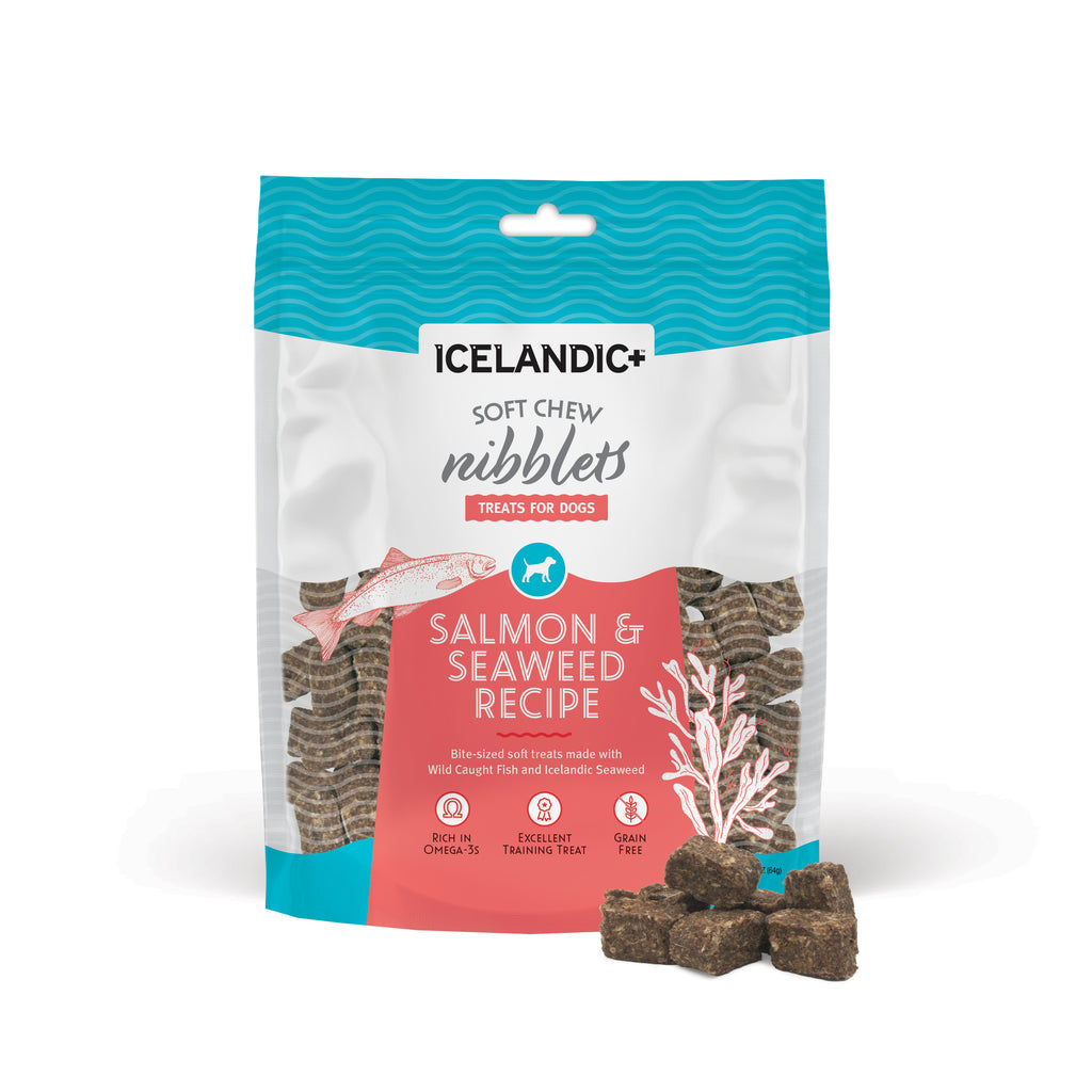 Icelandic+ Soft Chew Nibblets Salmon & Seaweed Recipe Dog Treat. Bite-sized soft treats made with Wild Caught Fish and Icelandic Seaweed. Rich in Omega 3s. Excellent Training Treat. Grain Free.
